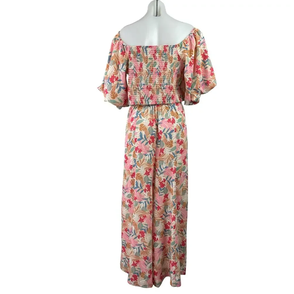 Fashion Nova Pink Floral Puff Sleeve Faux Wrap Wide Leg Blouse & Pants Set Sz 1X
